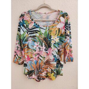 Sunbay Blue Tropical Floral Round Neck 3/4 Sleeve Pullover Vacation Top sz M New